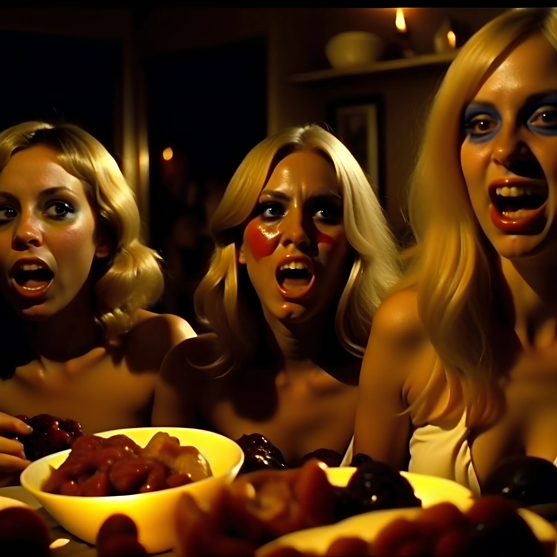 Horror movie shot, hot, ultra realistic, dine, horns, ultra chaos, realistic hot blonde women, party, pieces of meat, organs, hot dynamic, very excited people, hypermaximalist figures, light, 1970's Italian horror movie, sinister,, Dario Argento, Stanley Kubrik, ornate, 4k, photorealism