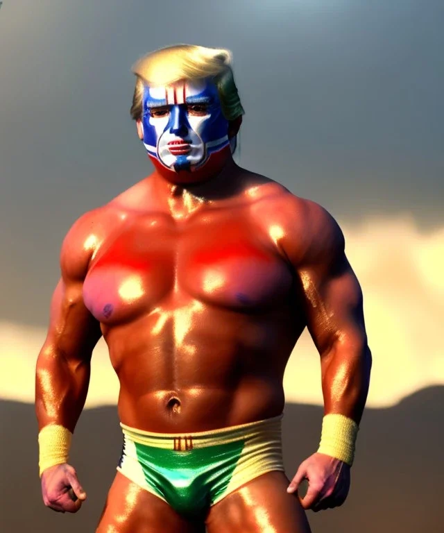 Realistic image of Donald trump wrestler, Mexican wrestling style, Mexican wrestling mask, moth visible, red and blue breeches, glow us flag dress, suspenders, retro style, 80s, vibrant color, highly detailed, sky background, concept art, unreal engine 5, god rays, ray tracing, RTX, lumen lighting, ultra detail, volumetric lighting, 3d, finely drawn, high definition, high resolution.