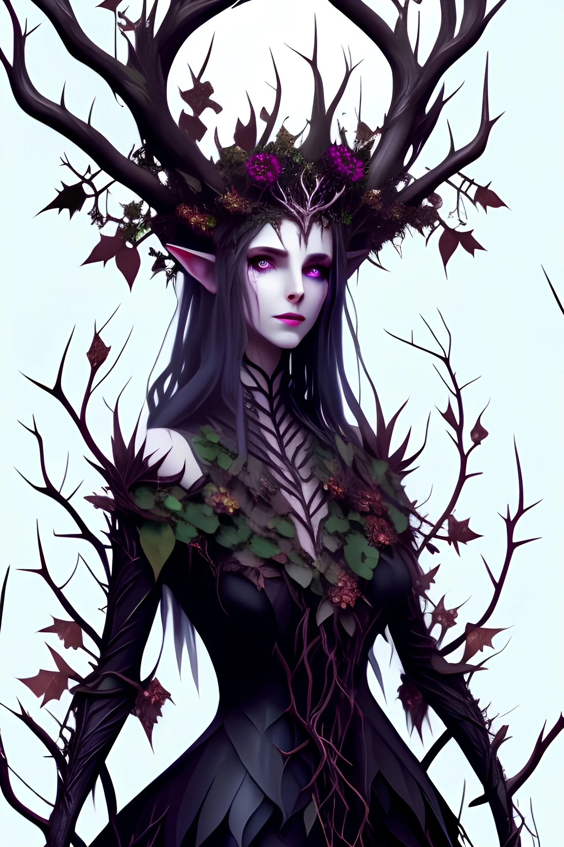 Archfey, tall, vine hands, bark hands, sharp nails, thorns, castlevania, black hair, white dress, floral thorn crown, vine horns , deep color, fantastical, fantasy concept art, 8k resolution volumetric lighting, black eyes with galaxy, no eyelid, solem