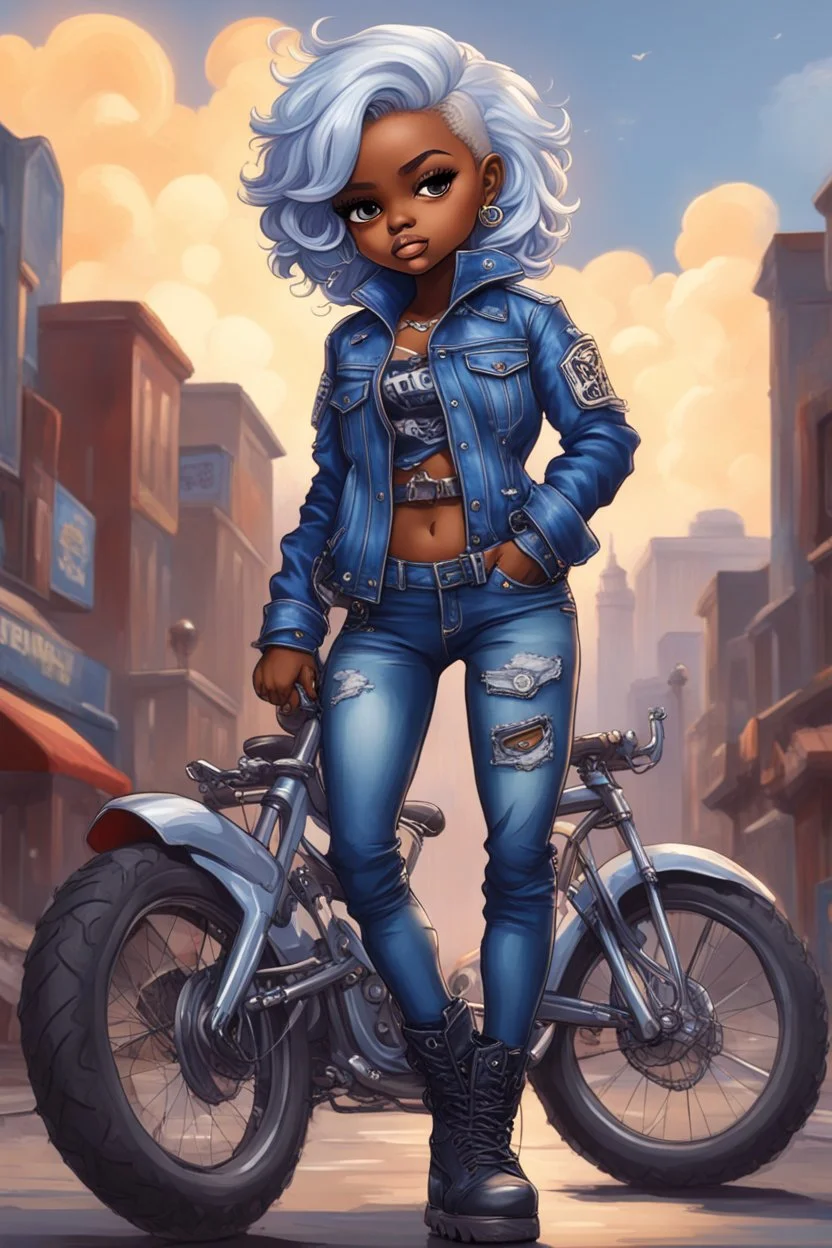 create an expressive oil painting illustration of a chibi cartoon voluptuous black female wearing a blue jean outfit with biker boots. Prominent make up with hazel eyes. Extremely highly detail of a very low platinum blonde pixie haircut. Background of a bike show.