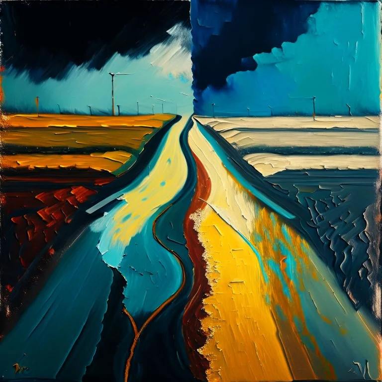 two diverged roads, art, oil colors