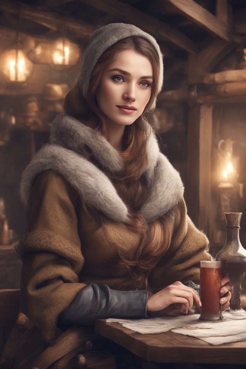 DnD style, medieval beautiful woman dressed in warm winter clothes sitting in a tavern