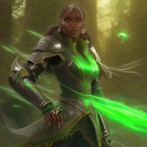 fantasy setting, insanely detailed, dark-skinned woman, indian, black hair, green hair strand, green lock of hair, green strand of hair, green curl of hair