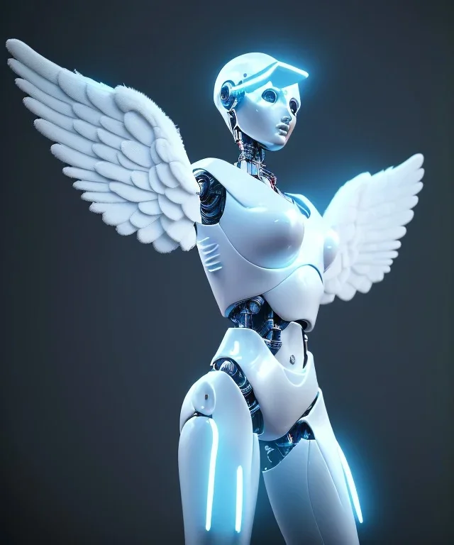 Angel robot, white, dynamic lighting, hyper realistic