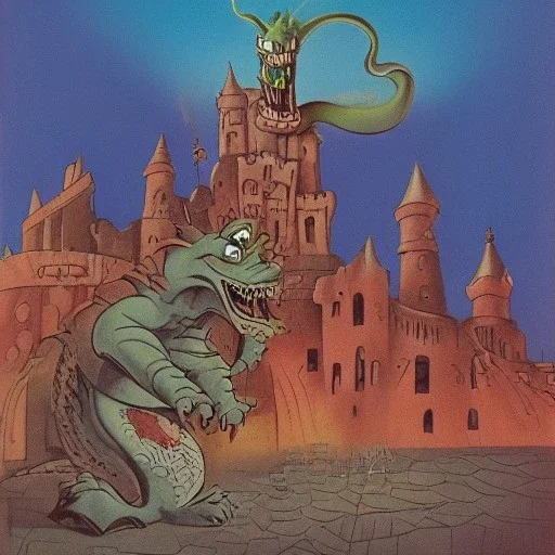 toon ghost kaiju destroying a castle by walt disney and dali