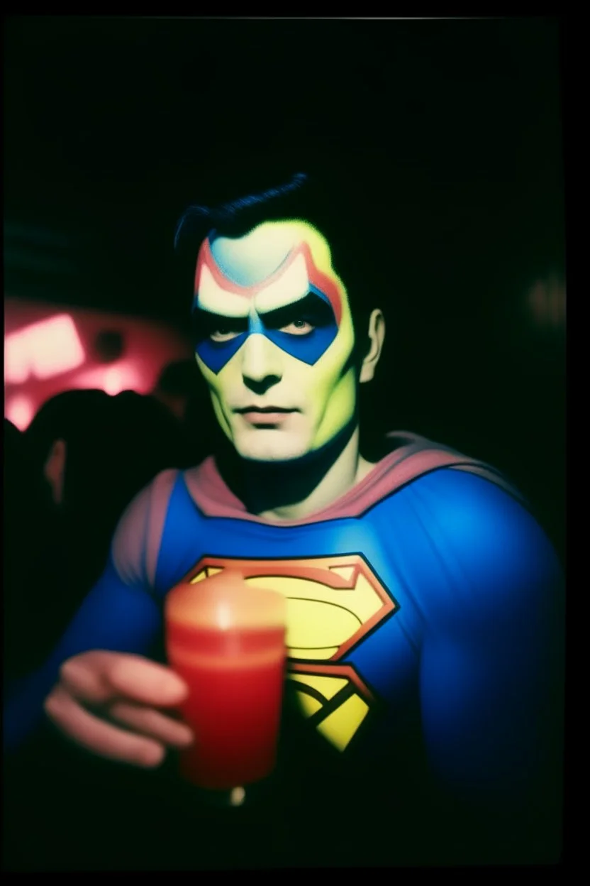 Depressive superman night tokio drinks neon, clown party, fugifilm polaroid