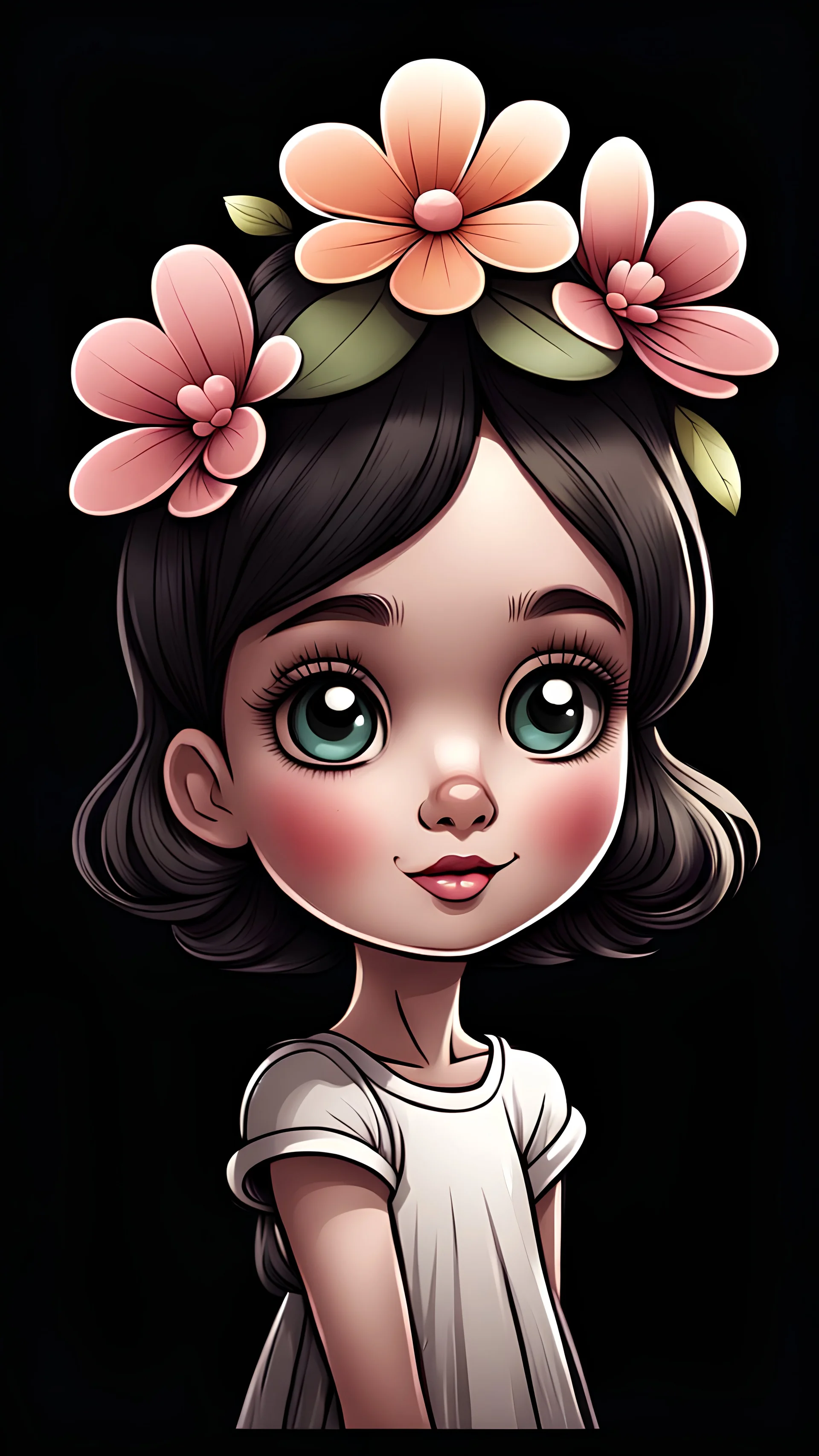 cute cartoon girl with one flower on head on black background