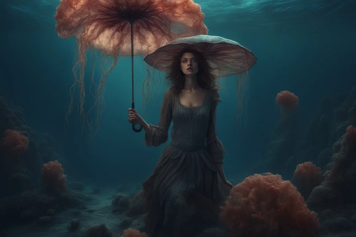 tall slim woman in ragged, torn clothing, in an underwater scene, holding an umbrella made from a jellyfish, detailed matte painting, deep colour, fantastical, intricate detail, complementary colours, fantasy concept art, 8k resolution, Unreal Engine 5