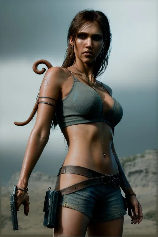 mid-length Photograph , intricate details, of epic photoshot of a beautiful jessica alba with lara croft highly detailed leather costume, red long hair curly highly detailed and shiny, stomach showing, toned, yellow eyes highly detailed, arme cover by tattooed, photorealistic, octane render, unreal engine, hyper detailed, volumetric lighting, hdr, cinematic,unreal engine 5, 4k, 8k