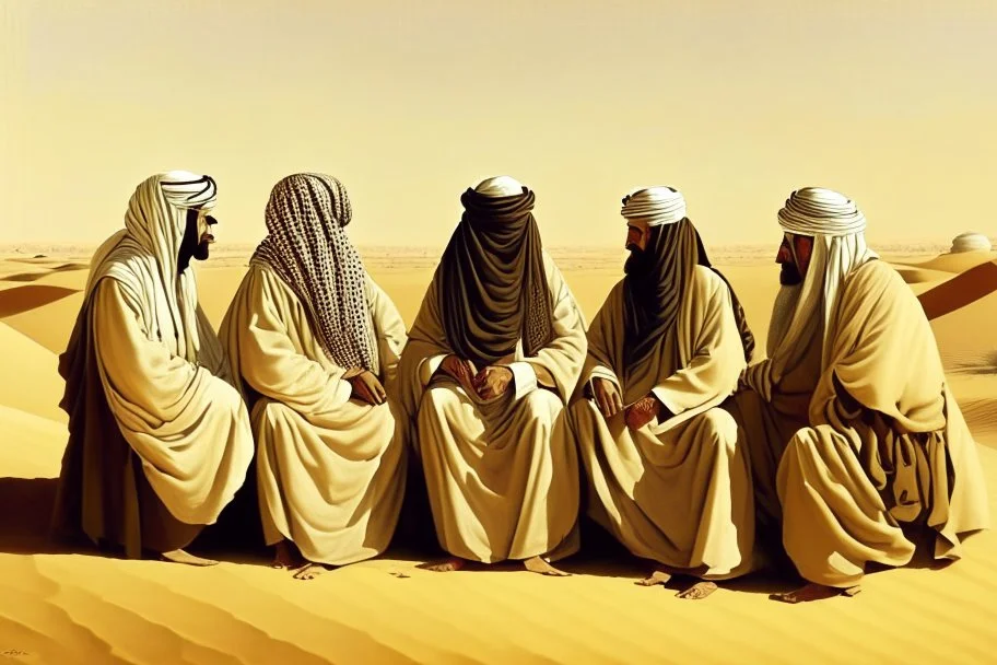 Four Arab sheikhs sitting in the desert wearing typical Arab dress, looking towards the four cardinal points. A talll fat european man in business suit wathhing them while thinking.