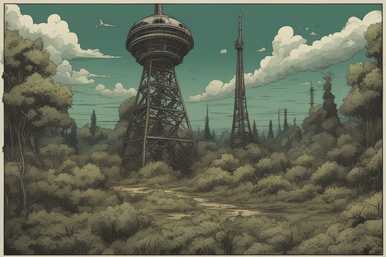 radio tower, overgrown apocalyptic, background, comic book,