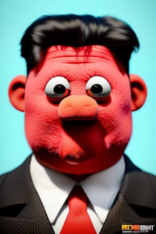 Waist up muppet Portrait, Kim Jong-un muppet doll, black suit, photo studio, red background, unreal engine 5, concept art, art station, god lights, ray tracing, RTX, lumen lighting, ultra detail, volumetric lighting, 3d.