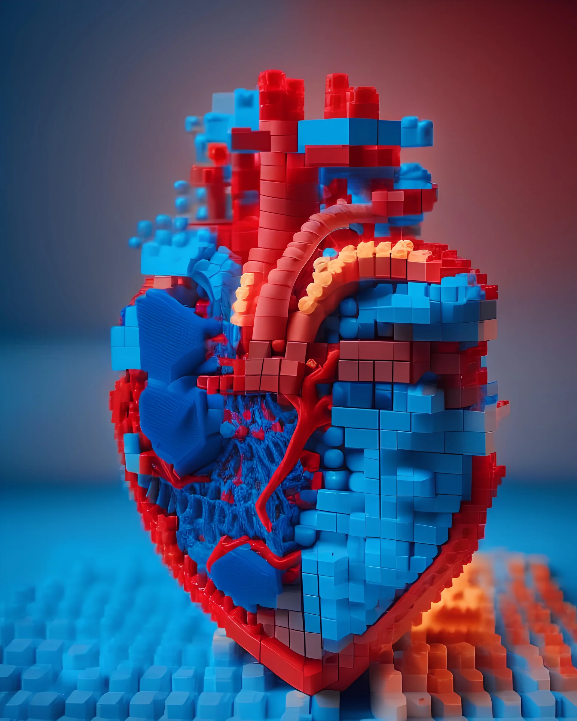 the anatomy of a human heart made of Lego pieces bricks, soft pastel red blue colors,space, cinematic lights