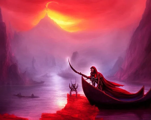 sango fantasy, fantasy magic, intricate, sharp focus, illustration, highly detailed, digital painting, concept art, matte, Greek mythology Charon ferryman, skeleton in full length cape, in boat on river styx, sharp jagged rocks, red purple blue colours, red hot lava river