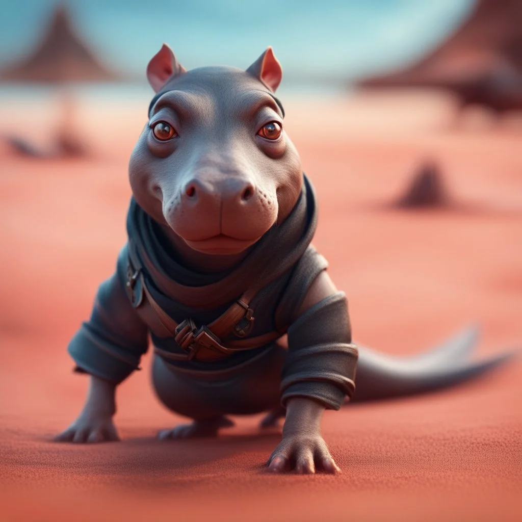 elongated female ninja dog rat hippo witch on the red sand beach ,bokeh like f/0.8, tilt-shift lens 8k, high detail, smooth render, down-light, unreal engine