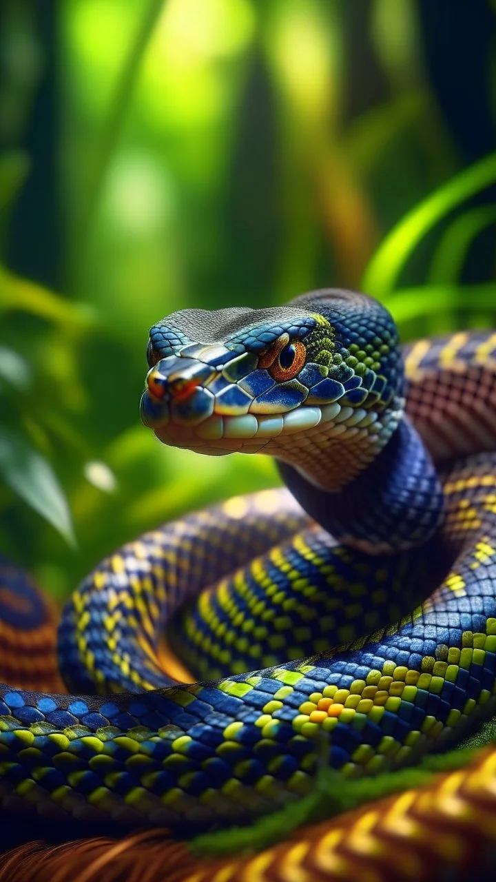 close up portrait of a happy blessed boa snake woven into a sacred geometry knitted tapestry hammock over an ant hill in the middle of lush magic jungle forest, bokeh like f/0.8, tilt-shift lens 8k, high detail, smooth render, down-light, unreal engine, prize winning