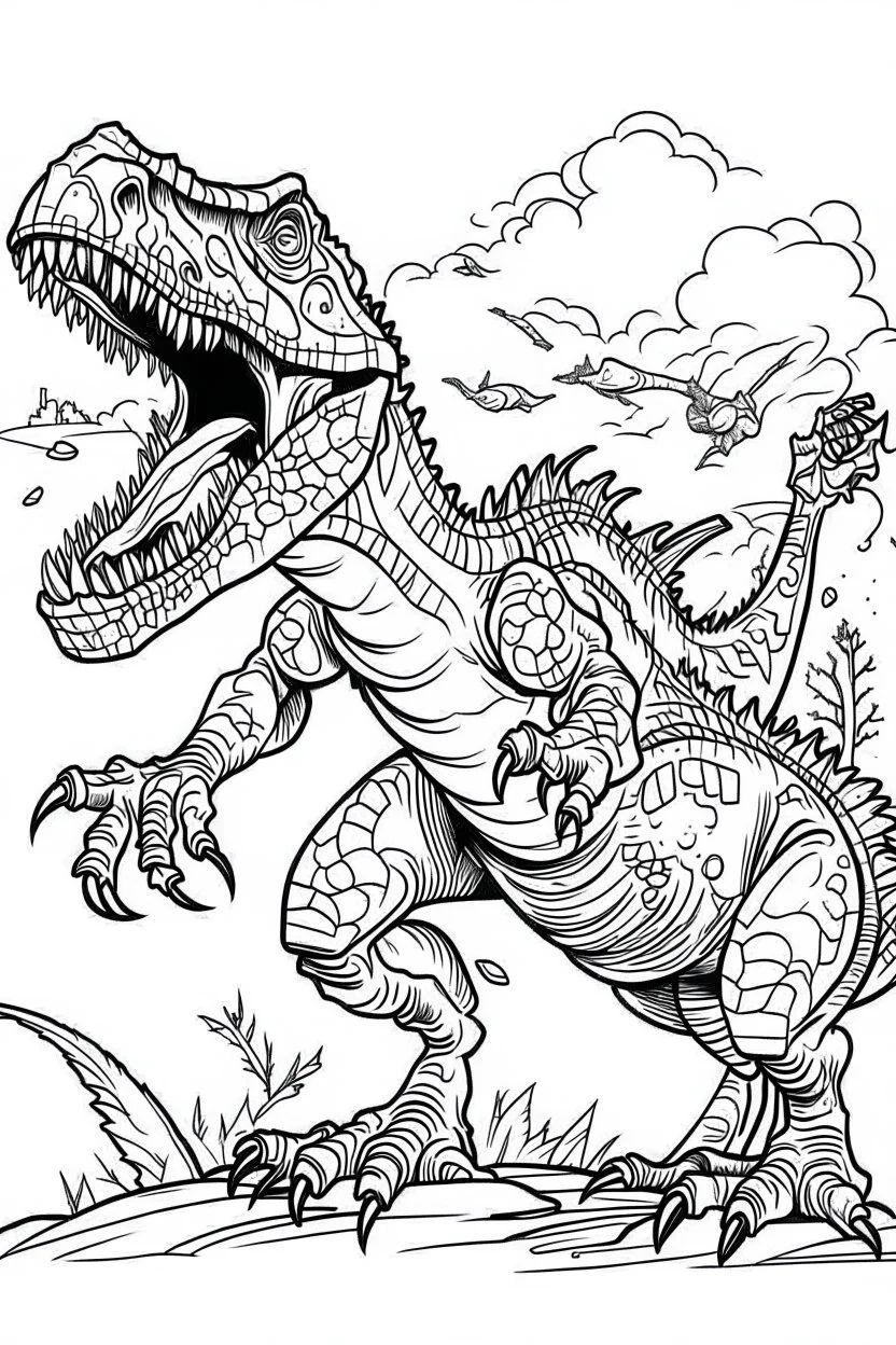 create a coloring page, white background llustrate a victorious T-Rex standing triumphantly over a defeated rival, roaring triumphantly to assert its dominance and claim ownership of the territory ink drawing clipart, simple line illustrations, colored