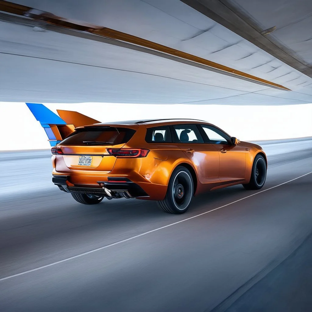 award winning car and driver photograph of a futuristic station wagon fighter-jet hybrid designed by only one vehicle per image painted metallic orange traveling at a high rate of speed, jet intake off of front center of vehicle and jet exhaust out the rear with bright blue flame, bilaterally symetrical, more a high speed road vehicle