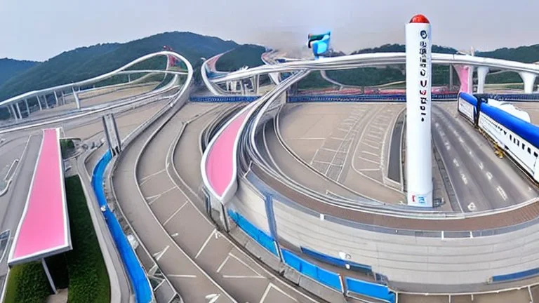 A Tesla semi-truck is racing at top speed, across the 'Everland Resort', in South Korea. CINEMATIC. WIDE ANGLE LENS.