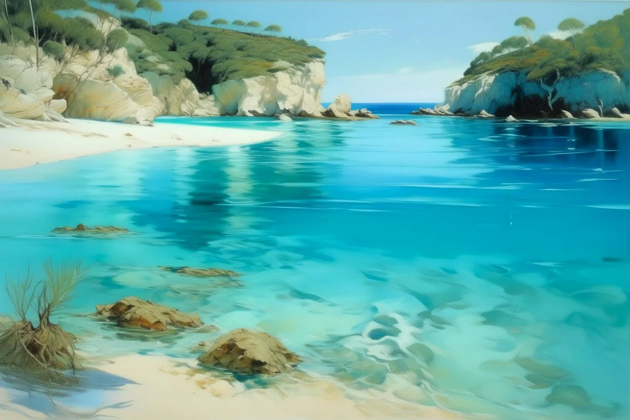 A blue beach with islands and an underwater reef painted by John Singer Sargent