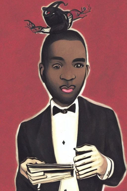 Dashing black man in a suit, holding a deck of cards. There's a young fey dragon with him.
