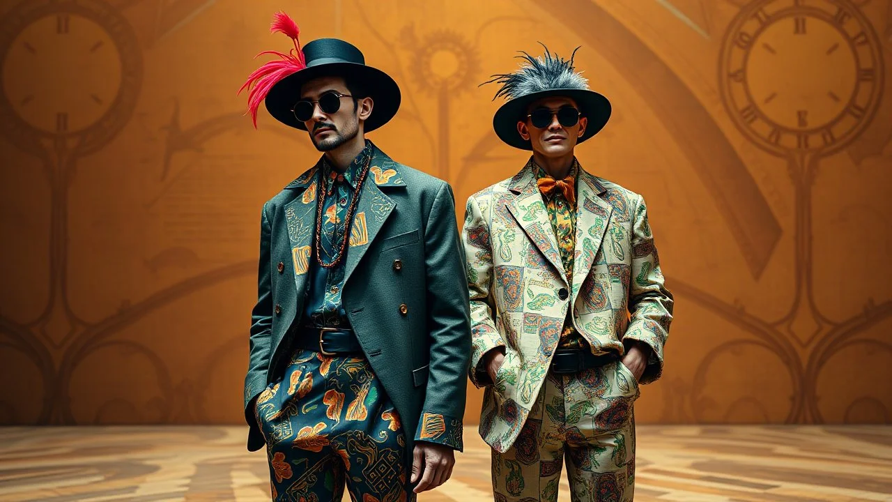 Nikon D850 with AF-S NIKKOR 24-70mm f/2.8E ED VR lens at f/5.6: [Two innovative friendly individuals wearing strange, suave, wild, beautiful fashionable clothing] in a [parallel universe], showcasing [full-height figures from head to foot with intricate details], [vibrant colors and deep shadows], creating [a surreal and captivating atmosphere with precise textures and anatomy]. focus peaking enabled, Nikon Picture Control with enhanced color grading.