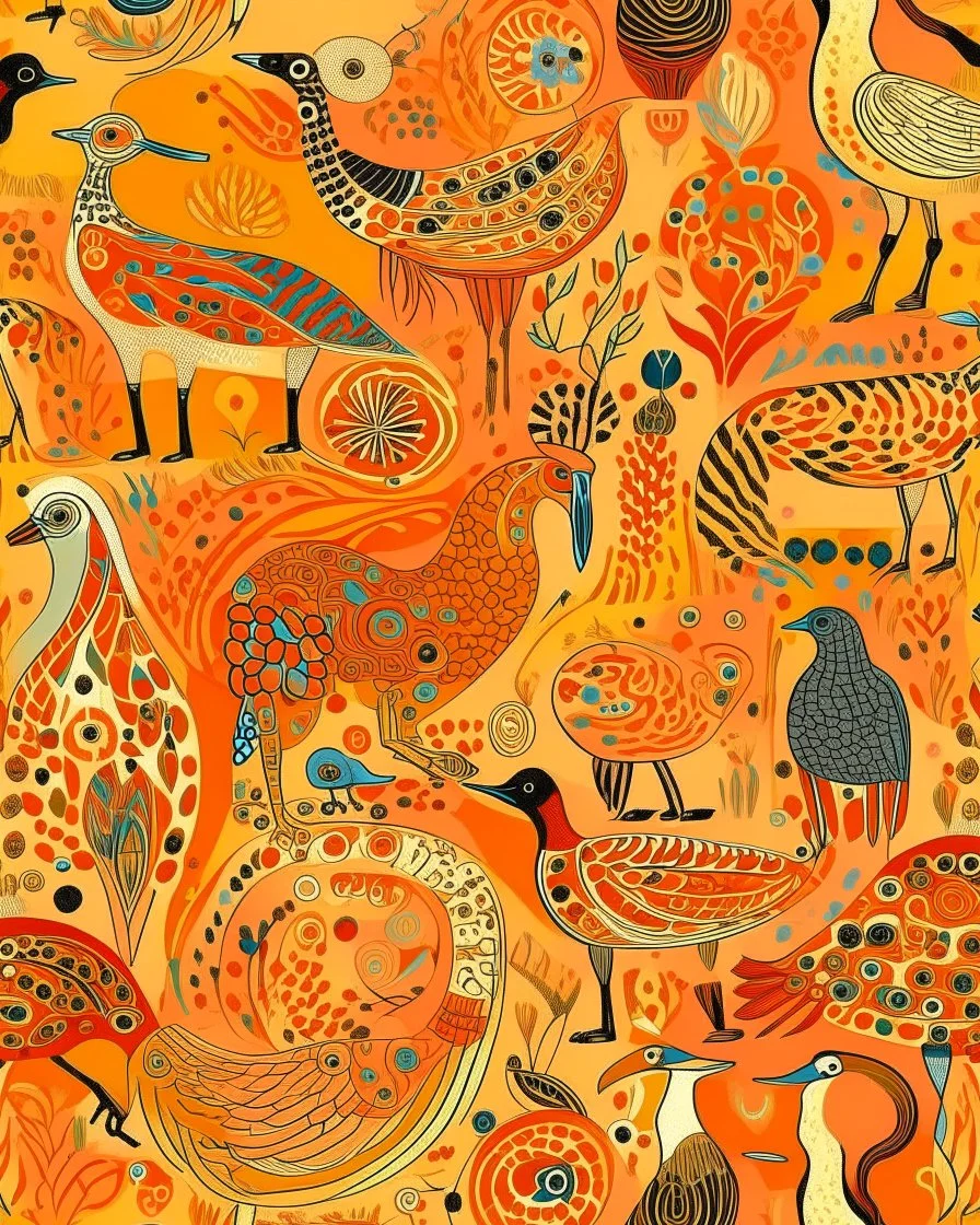 A light rosy orange colored plain with animals designed in Australian aboriginal art painted by Gustav Klimt