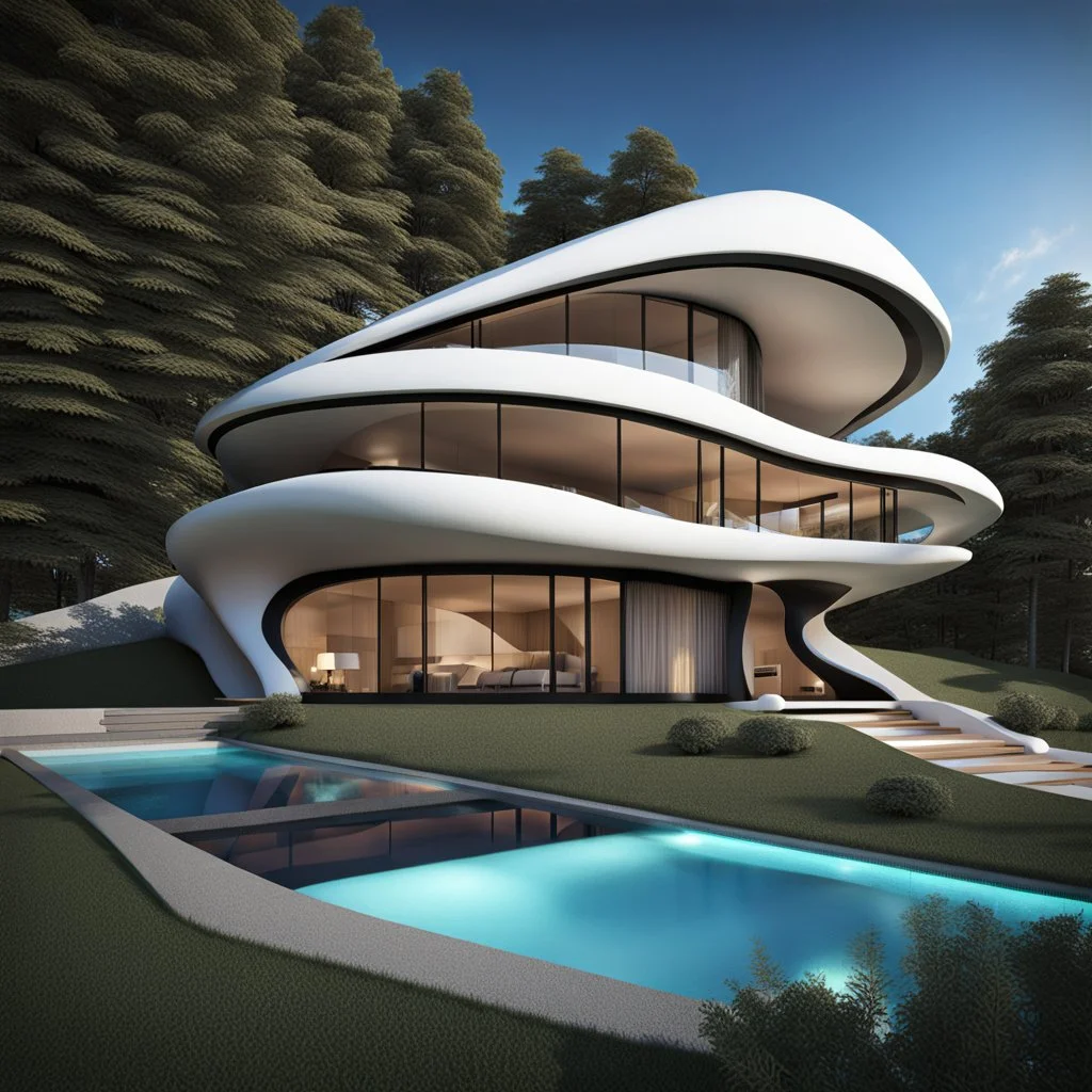 Casa campestre en forma de ostra marina, estilo Zaha Hadid, moderna, calidad ultra, hiperdetallada, 64k