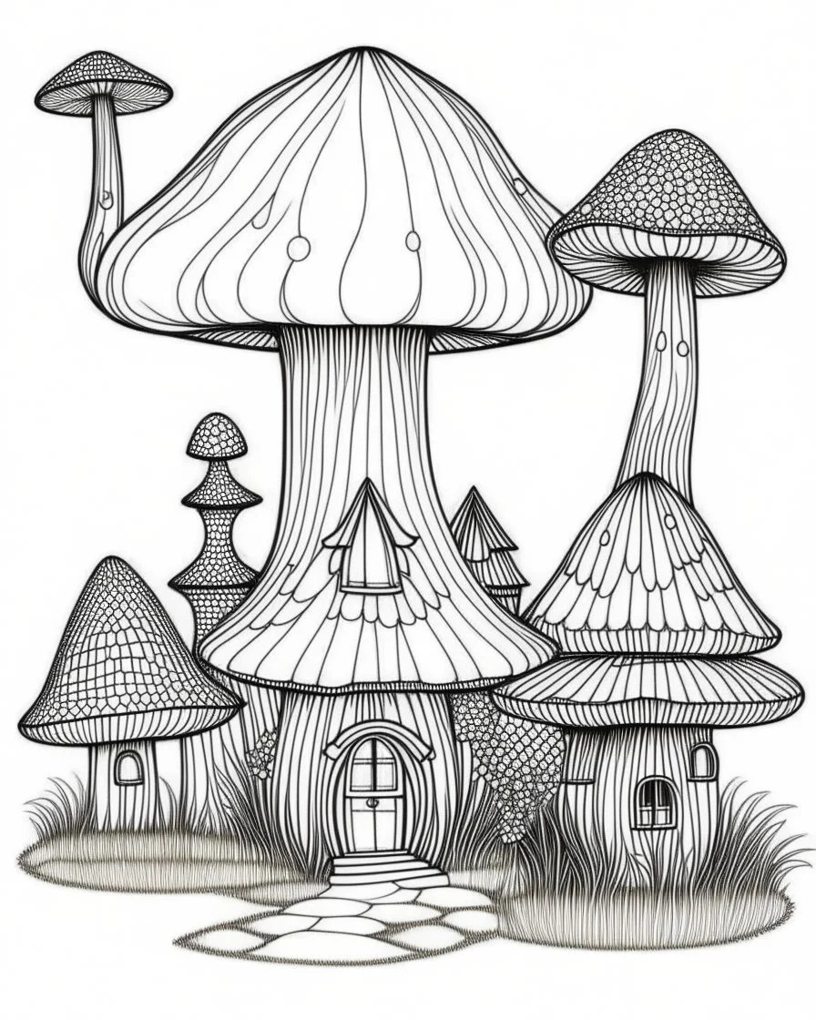 Coloring pages: Whimsical magical mushroom haven, complete with whimsical fairy houses and enchanting toadstools.