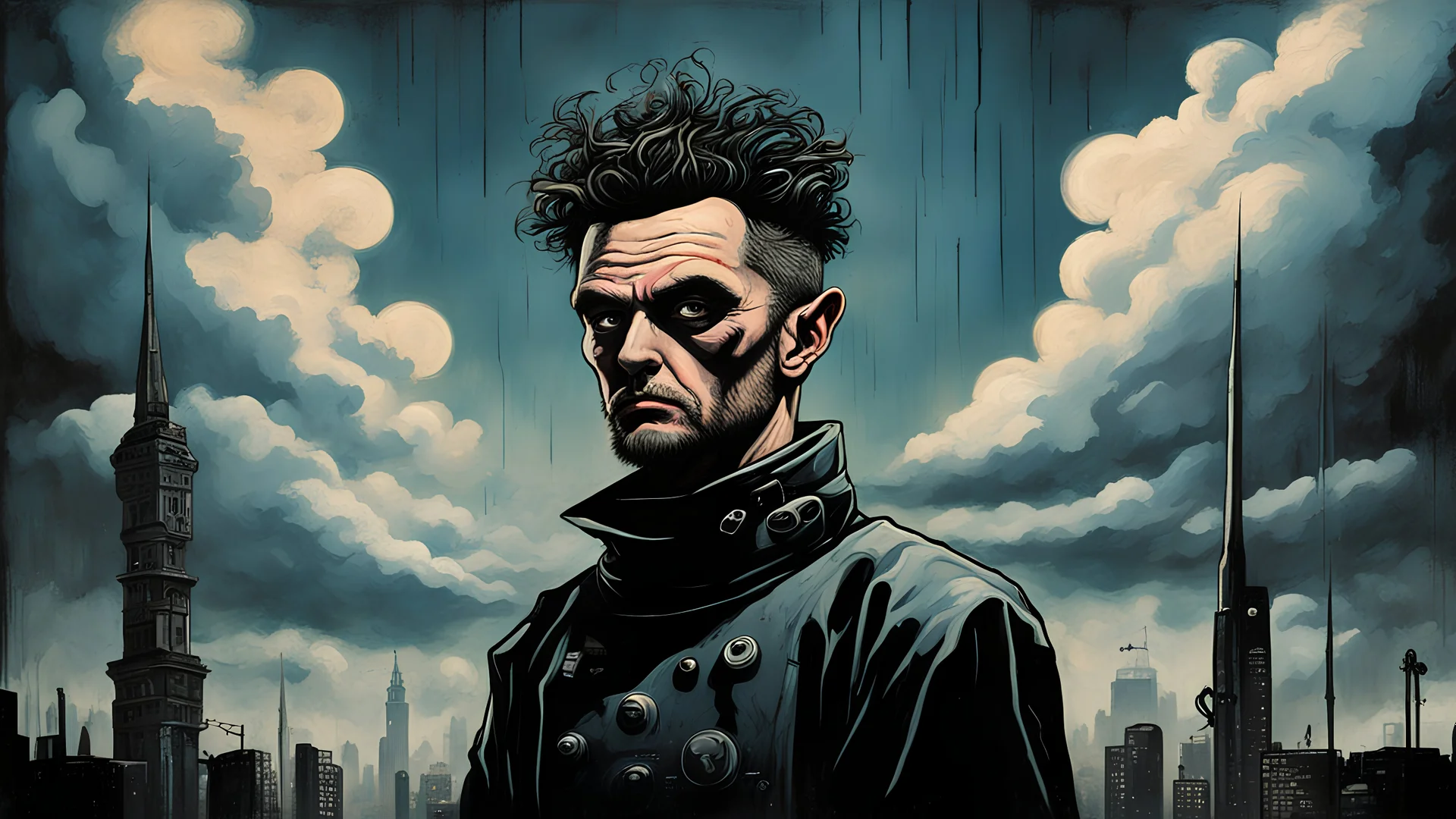 Techno gothic, science fiction painting, Butcher billy, benedick banner, Enki Bilal, ominous sky