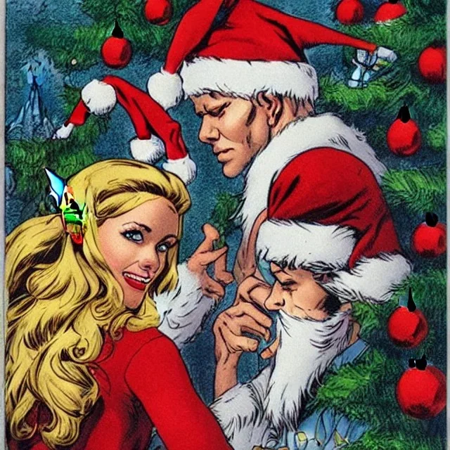 two elves. woman and man. Christmas scene. poster. marvel comic. low-key