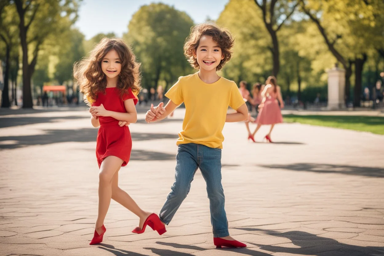 a cute chibi spanish man with short curly brown hair cropped at the back in yellow T-shirt and jeans with a cute chibi contented girl with long brown hair and brown eyes in a red elegant jumpsuit and red high heels, and a chibi girl with blonde brown hair in a beige dress dancing dynamically in Madrid in the Retino park, in sunshine, ethereal, cinematic postprocessing, airplane in the sky