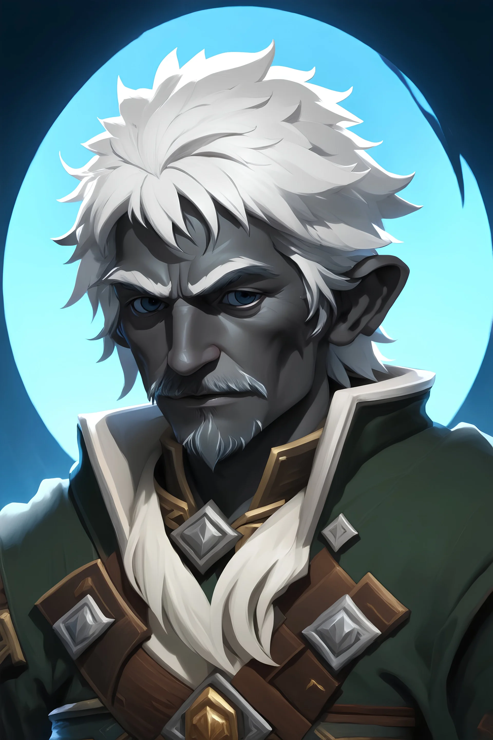 dnd portrait of young male deep gnome Artificer with white hair and dark gray skin