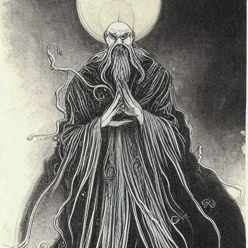 Picture of Cthulhu with white skin and a beard made of tentacles as a Russian Orthodox nosferatu vampire with yellow eyes and vampire fangs