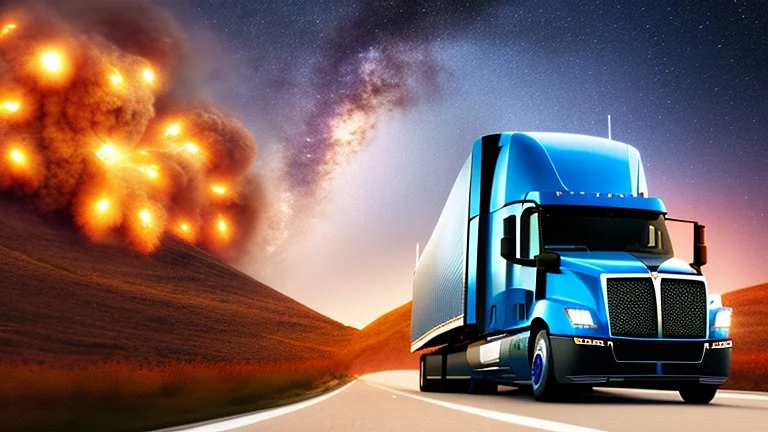 A Tesla semi-truck is racing at top speed, across the 'Jurassic Park' island. CINEMATIC. WIDE ANGLE LENS.