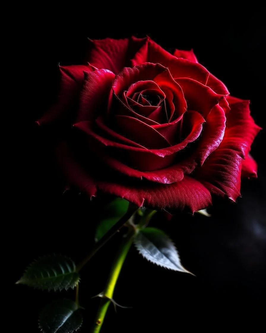 Deep red rose, black background