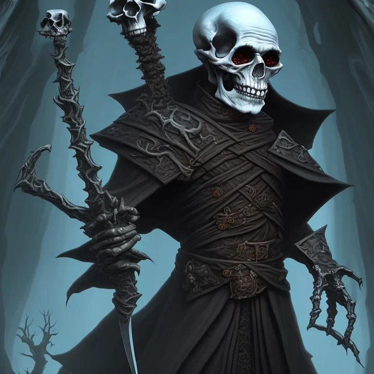 Evil Old human Necromancer in dark robes in a dark cave covered in darkness and bones with skeletons surrounding