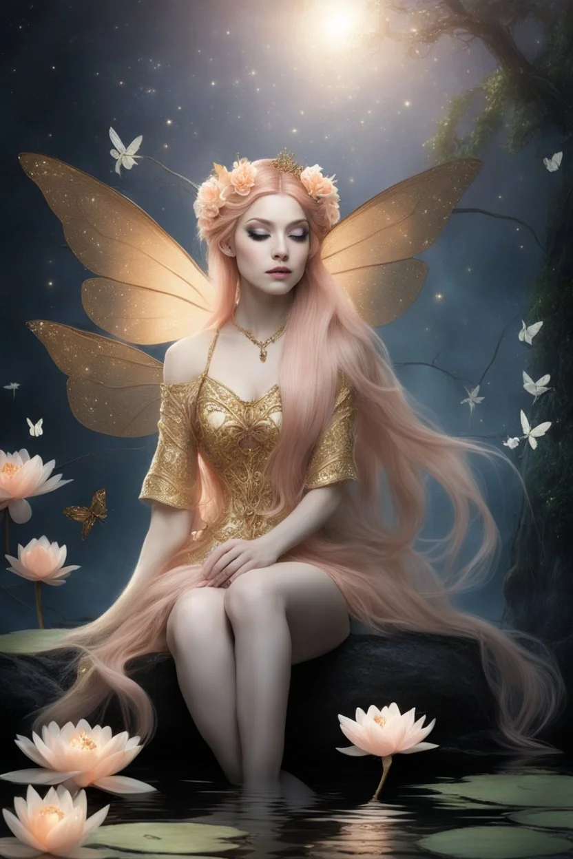 Peach hair , light peach hair, dark,night dark gold,gold,golden,rapunzel hair,dragonflies,water lilies, night,light,,butterflies,elven ears,dark fairy ,night sky,stars,princess,nymph,sparkle,glitter,orchids