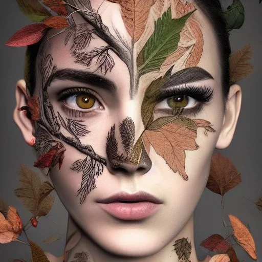 Queen Girl full face tattoo of leaves and gnarled branches extending past face and morphing into reality, color tattoo, 8k resolution, high-quality, fine-detail, intricate, digital art, detailed matte, volumetric lighting, illustration, octane render