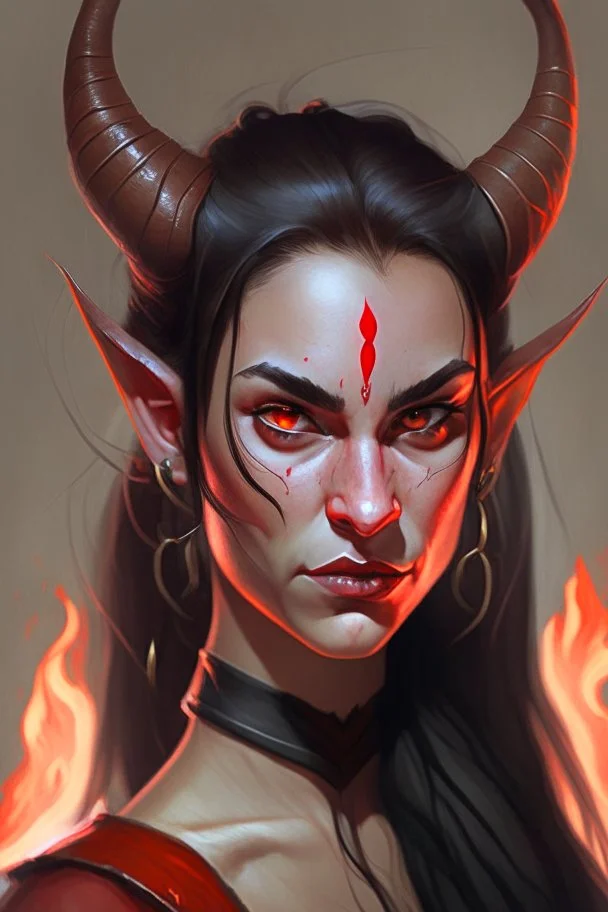 Portrait of a young and beautiful female Tiefling bard with red skin, two horns emerging from her forehead and long black hair with sidebangs and a ponytail. She has fiery eyes and a smirk on her face.