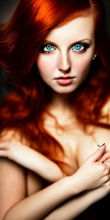 Studio portrait photo of a sexy and seductive woman age of 27, green eyes, red hair,very detailed face, studio lighting, fantasy, golden ratio, sharp focus color, corrected hyper detailed pino daeni