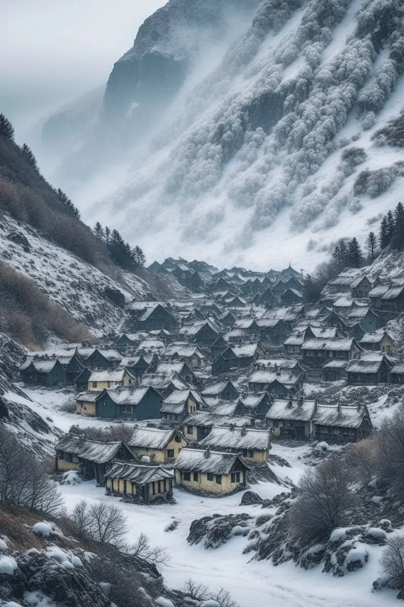 a small village at the bottom of a icy mountain