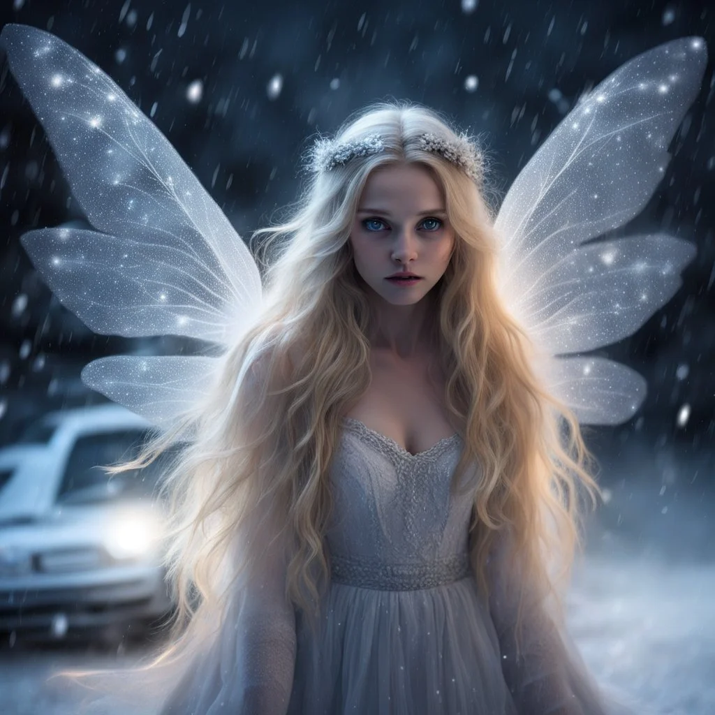 A frightened fairy in front of my car at night, it's dark and the snow is falling, she is dazzled by the headlights of my car and doesn't dare to move, she is scared, long blond hair, beautiful eyes, very light dress, translucent wings, she trembles with cold and fear,