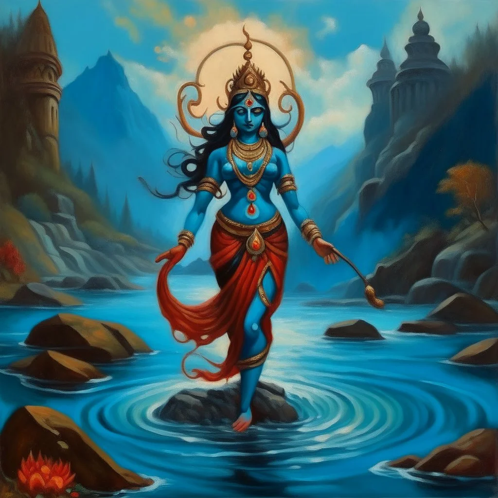 An oil painting of goddess Kali crossing a lake