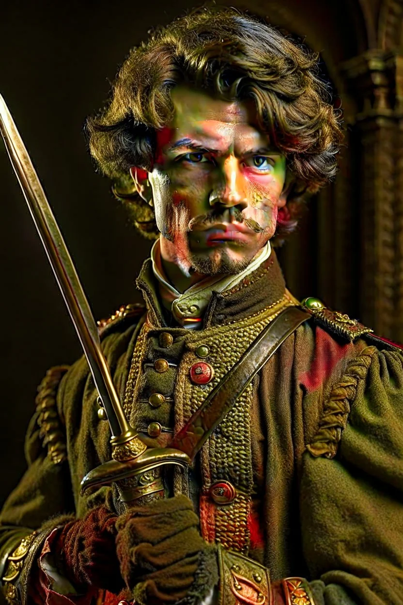 european brown hair young adult royal guard swordsman with rapier dieselpunk