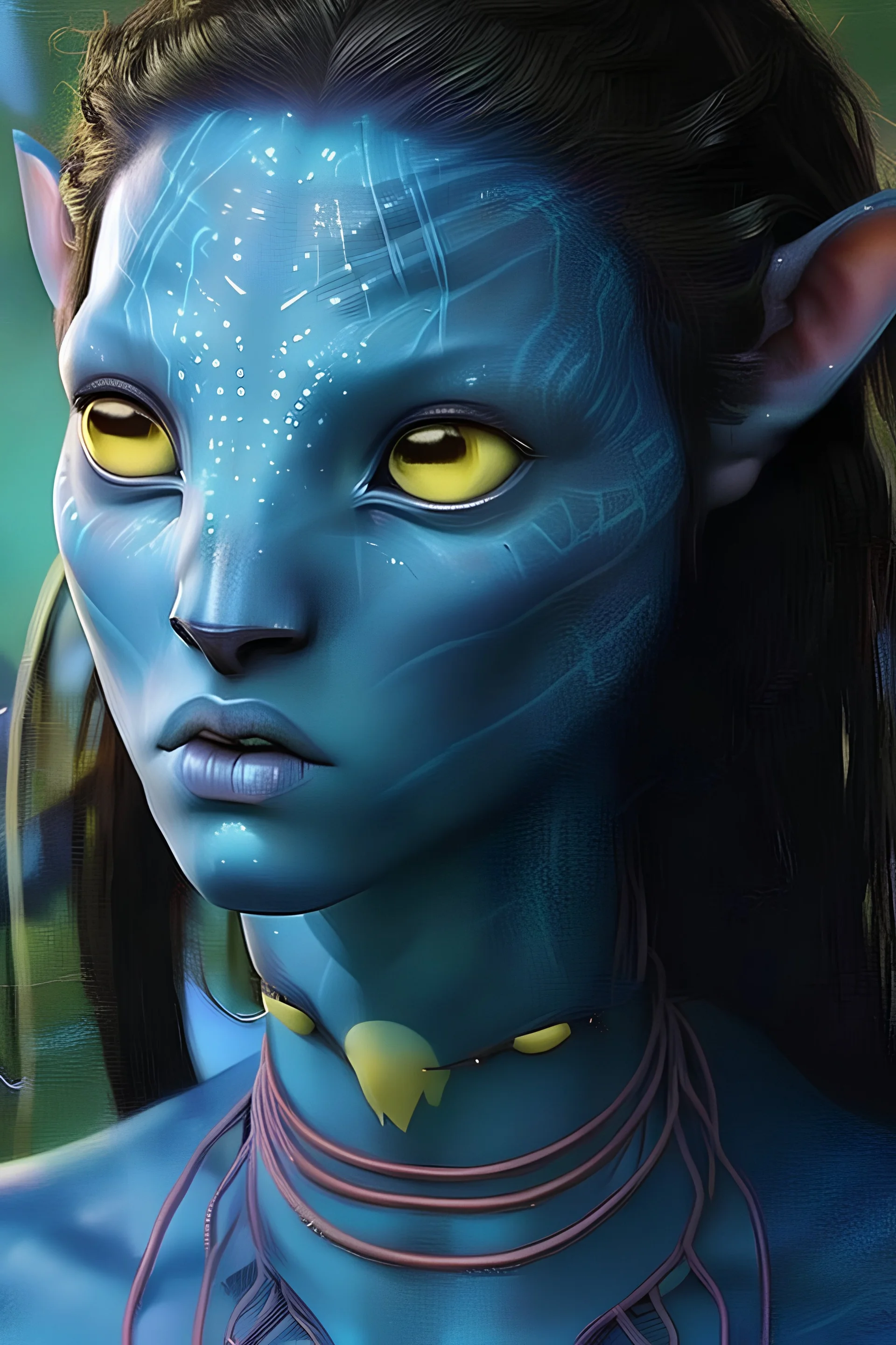 Serious boy na'vi with short hair, Avatar, blue skin, two ears, yellow eyes, black hair, african clothes, alien, pandora, red mark on the face