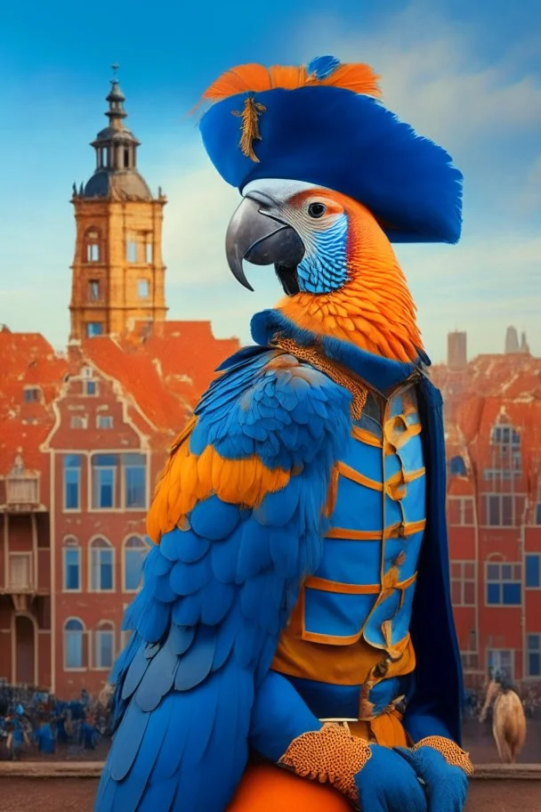 Half parrot half human in a 1700s Orange Dutch uniform next to a Dutch city with blue feathers