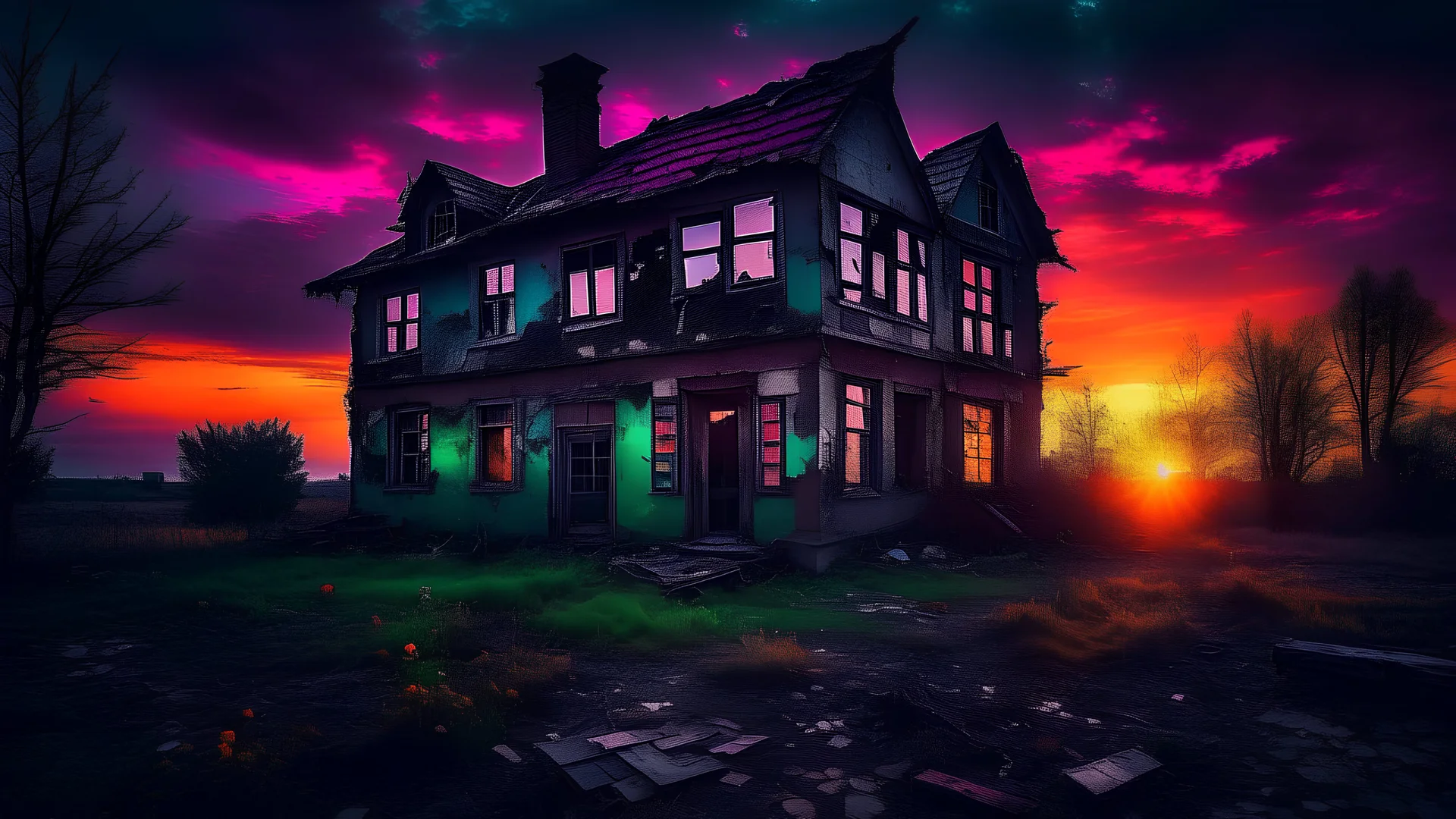 A ruined house stands alone in the middle of a desolate landscape, its broken windows revealing a kaleidoscope of vibrant colors that seem to spill into the darkness. The dawn sky casts an eerie glow over the scene, adding to the haunting beauty of this abandoned place.