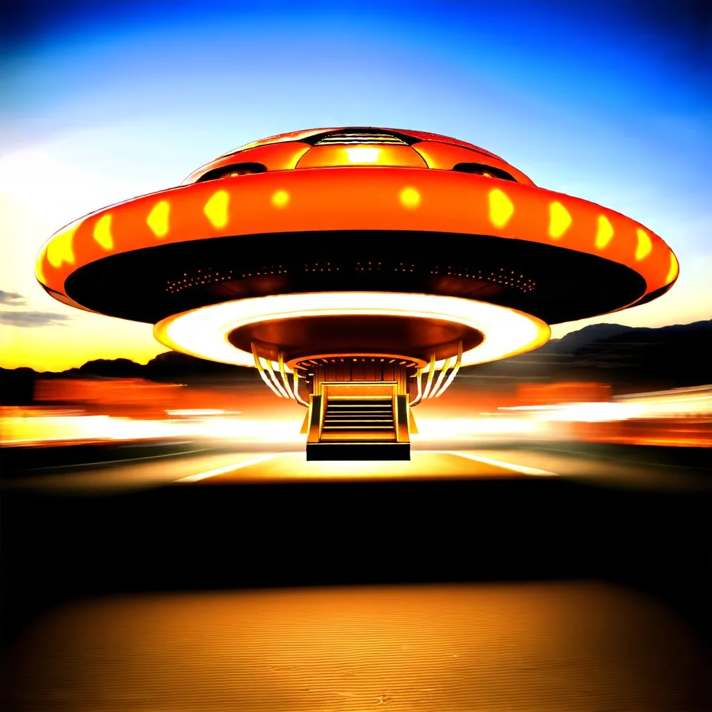 award winning photograph of a steampunk house-fly ufo designed by only one vehicle per image painted metallic orange traveling at a high rate of speed, jet intake off of front center of vehicle and jet exhaust out the rear bilaterally symetrical,