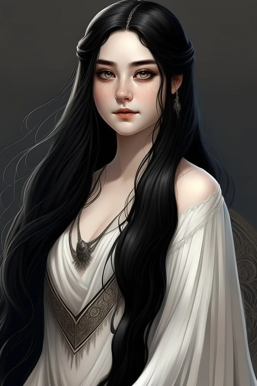 a 16 year old woman, white skin, long wawy black hair, beautiful round face, black eyes, round body, in a white dress, realistic epic fantasy style